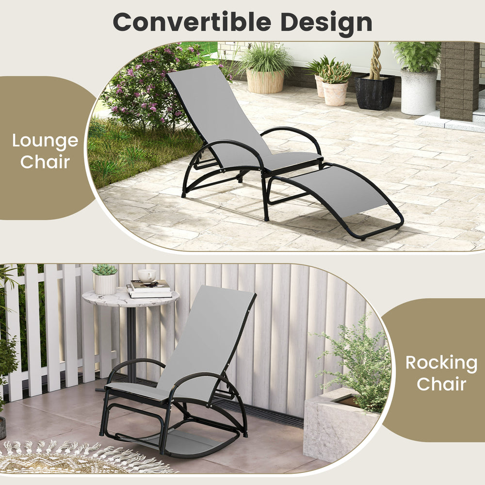 Convertible outdoor rocking chair in gray, featuring a 4-position adjustable backrest for versatile patio use.