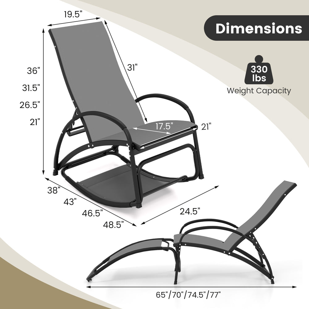 Gray 2-in-1 outdoor rocking chair with adjustable backrest and aluminum frame, ideal for patio or poolside relaxation.