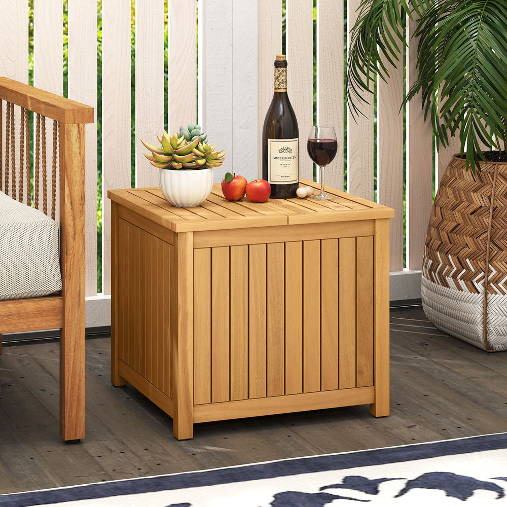 Square acacia wood outdoor side table with slatted design, featuring storage and an umbrella hole for versatile use.