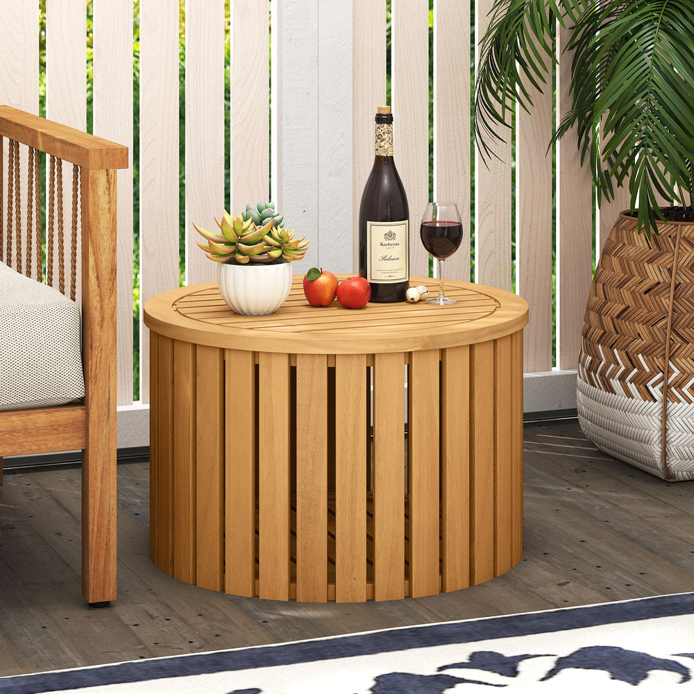 2-in-1 Outdoor Side Table with Storage Acacia Wood Slatted Coffee Table Round Slatted End Storage Box - Gallery View 1 of 10
