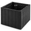 Square black umbrella base planter made of HDPE, featuring a simulated wood grain design and 4 rolling wheels for easy.