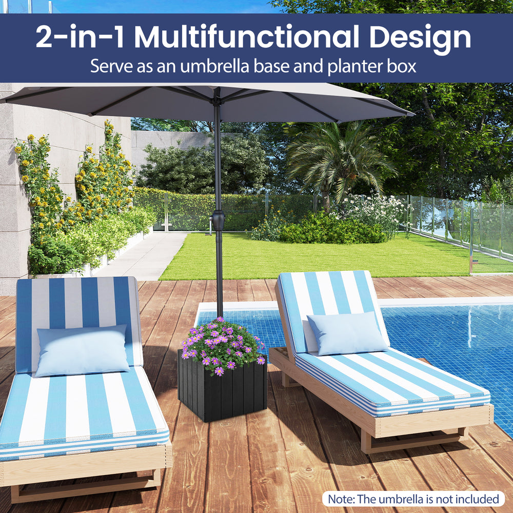 Black 2-in-1 outdoor umbrella base and planter box with simulated wood grain, ideal for patio umbrellas up to 10 ft.