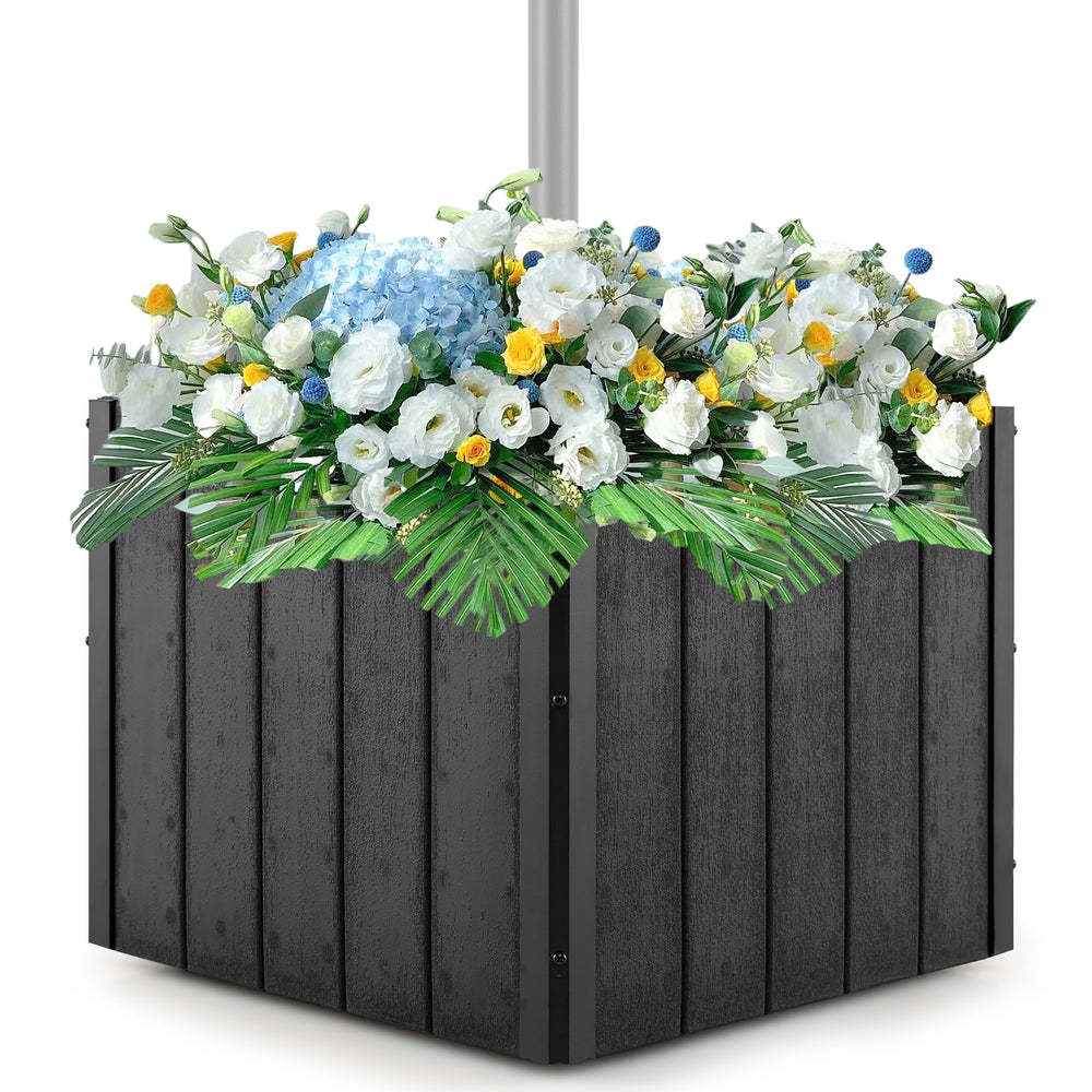 Large black square umbrella base planter with vibrant flowers, designed for 6-10 ft patio umbrellas, easy to move.