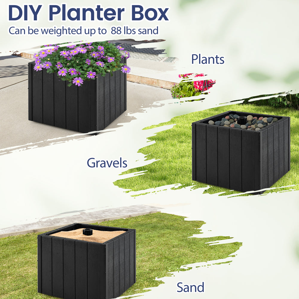 Black 2-in-1 outdoor umbrella base planter with simulated wood grain, fillable for up to 88 lbs, ideal for patio use.