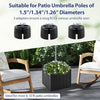 Square outdoor umbrella base planter in black, fits 6-10 ft umbrellas, made of crack-resistant HDPE with rolling wheels.