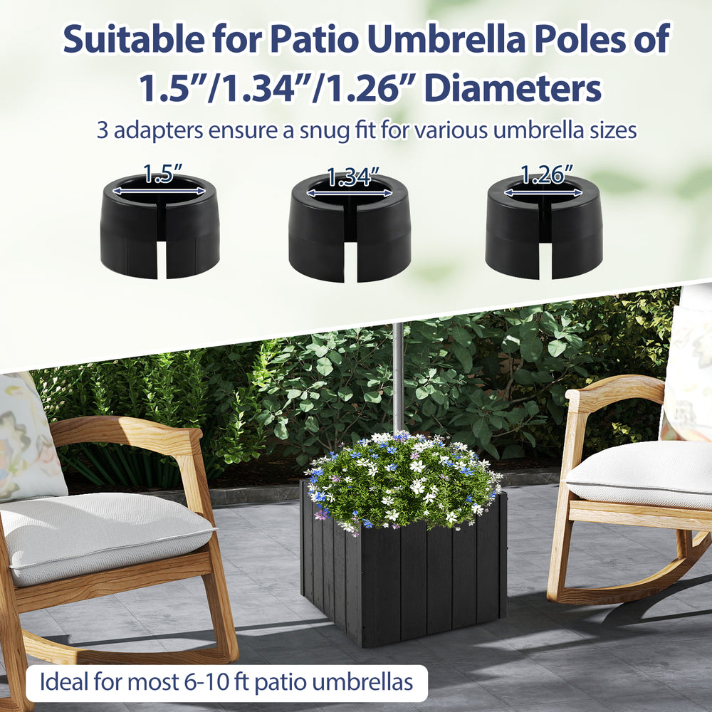 Square outdoor umbrella base planter in black, fits 6-10 ft umbrellas, made of crack-resistant HDPE with rolling wheels.