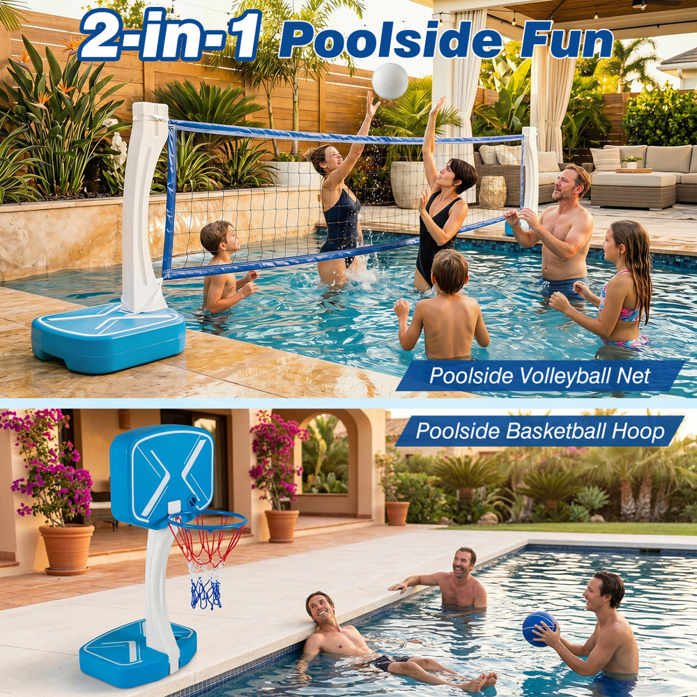 2-in-1 poolside basketball hoop and volleyball net set with weighted base, includes 2 basketballs and 1 volleyball.