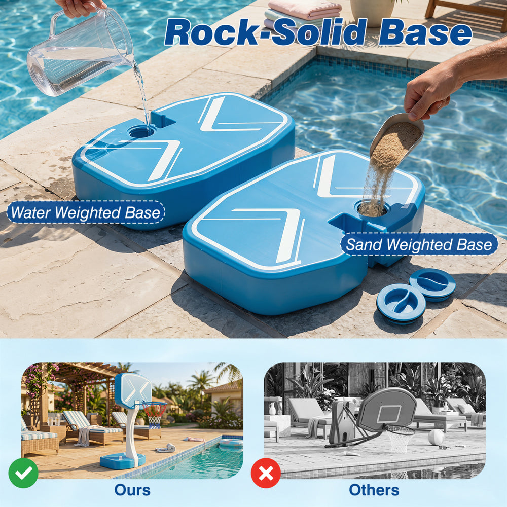 2-in-1 pool basketball hoop and volleyball net with a water or sand weighted base for stable outdoor play.