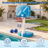 2-in-1 pool basketball hoop and volleyball net with sturdy PE backboard, complete with two basketballs and a volleyball.