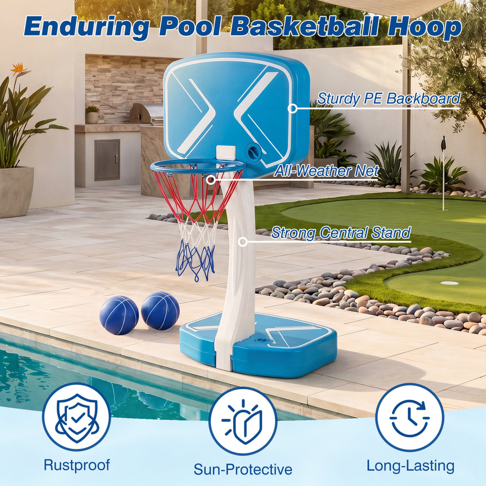 2-in-1 pool basketball hoop and volleyball net with sturdy PE backboard, complete with two basketballs and a volleyball.