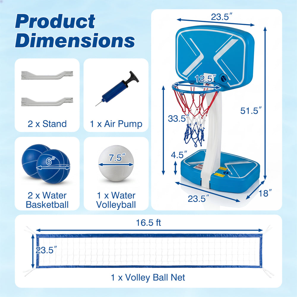 2-in-1 pool basketball hoop and volleyball net set with weighted base, includes 2 basketballs, 1 volleyball, and air pump.