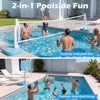 2-in-1 poolside basketball hoop and volleyball net set with weighted base, includes 2 basketballs and 1 volleyball for outdoor fun.