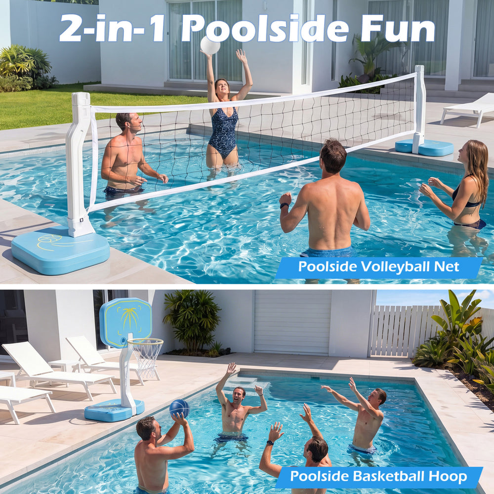 2-in-1 poolside basketball hoop and volleyball net set with weighted base, includes 2 basketballs and 1 volleyball for outdoor fun.