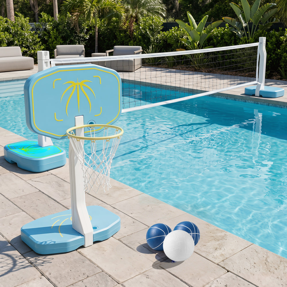 Lightweight 2-in-1 pool basketball hoop and volleyball net set with quick-assembly design, ideal for backyard entertainment.
