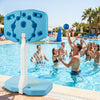 2-in-1 pool basketball hoop and volleyball net set with weighted base, includes 2 basketballs and 1 volleyball for outdoor fun.