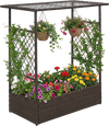 Elevated planter box with hanging roof and trellises, made of durable PE rattan, ideal for flowers and vegetables outdoors.