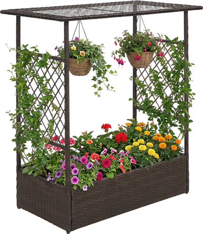 Costway 2-in-1 Raised Garden Bed w/ Hanging Roof & Trellises 46813431 New