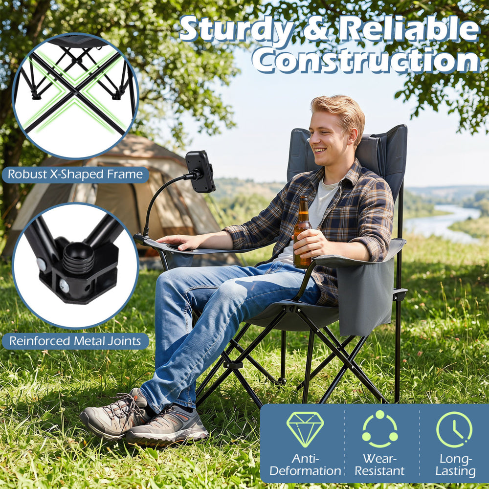Reclining camping chair in gray features a 3-level adjustable backrest and detachable footrest for versatile comfort.