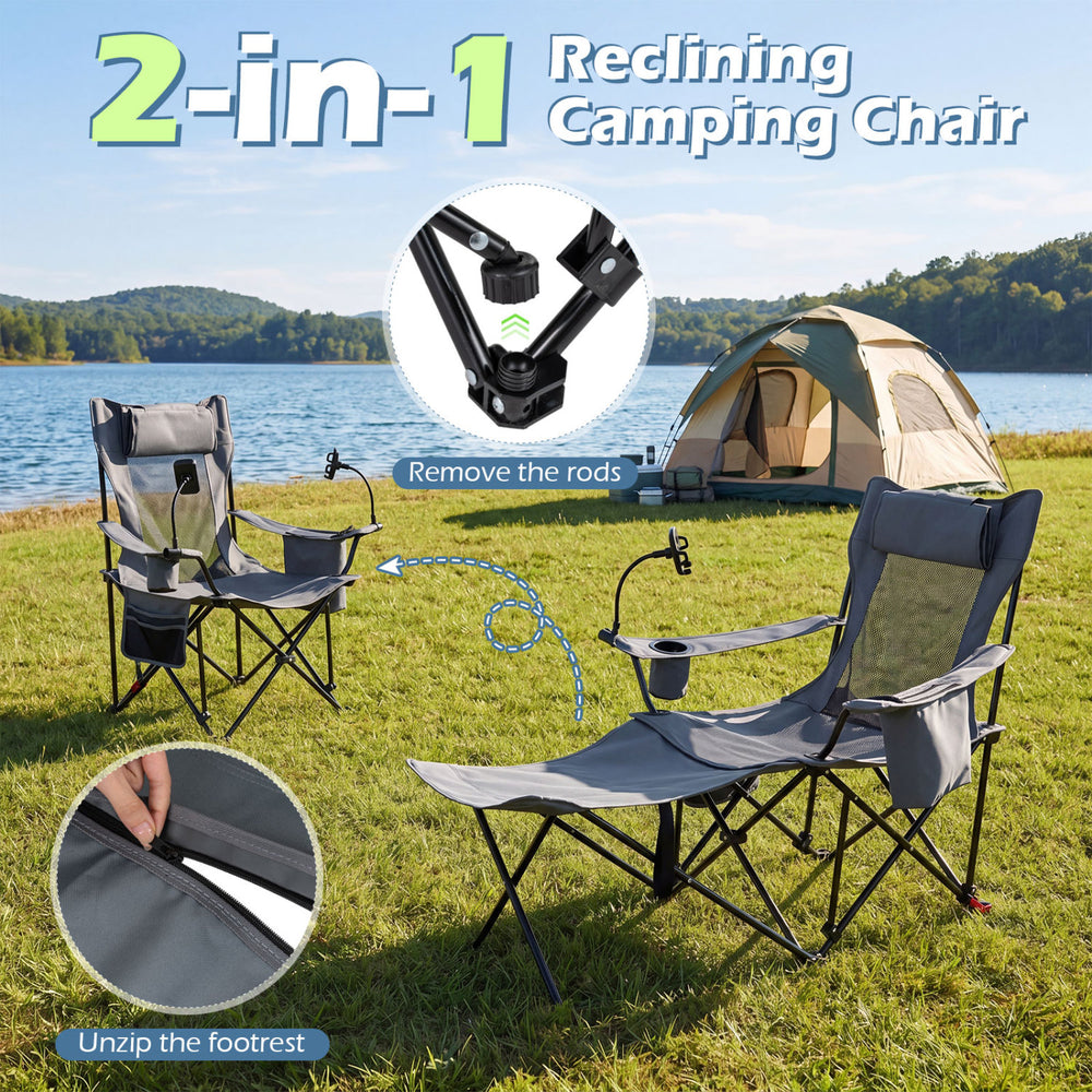 Gray 2-in-1 reclining camping chair showcases a detachable footrest and breathable mesh backrest for ultimate relaxation.
