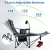 Reclining camping chair in gray with 3-level adjustable backrest, detachable footrest, and built-in cup holder for convenience.