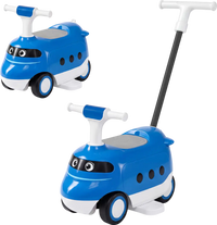 Blue bullet train-inspired 2-in-1 ride-on push car for toddlers with under-seat storage and detachable push handle.