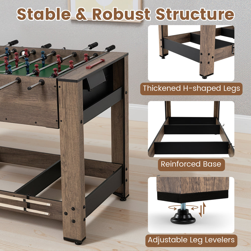 Close-up of the 2-in-1 foosball and pool combo game table's thickened H-shaped legs and adjustable leg levelers for.