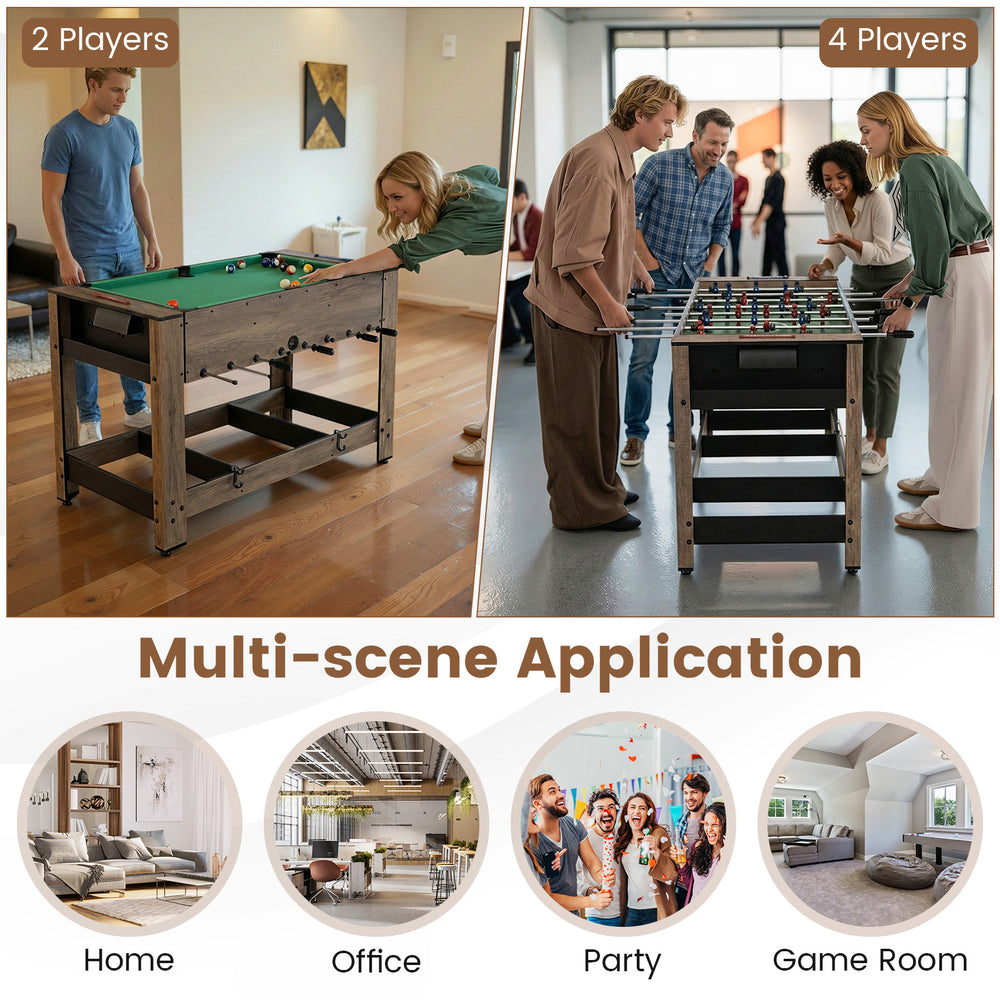 2-in-1 swivel foosball and pool combo game table in natural finish, perfect for home, office, or game room fun.