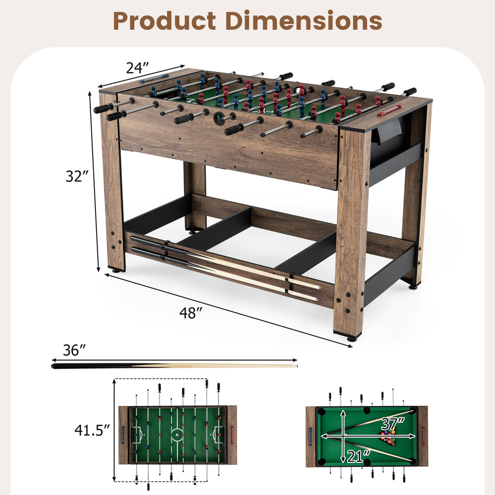 Dimensions of the 2-in-1 Swivel Foosball and Pool Combo Game Table, showcasing its sturdy design and adjustable leg.