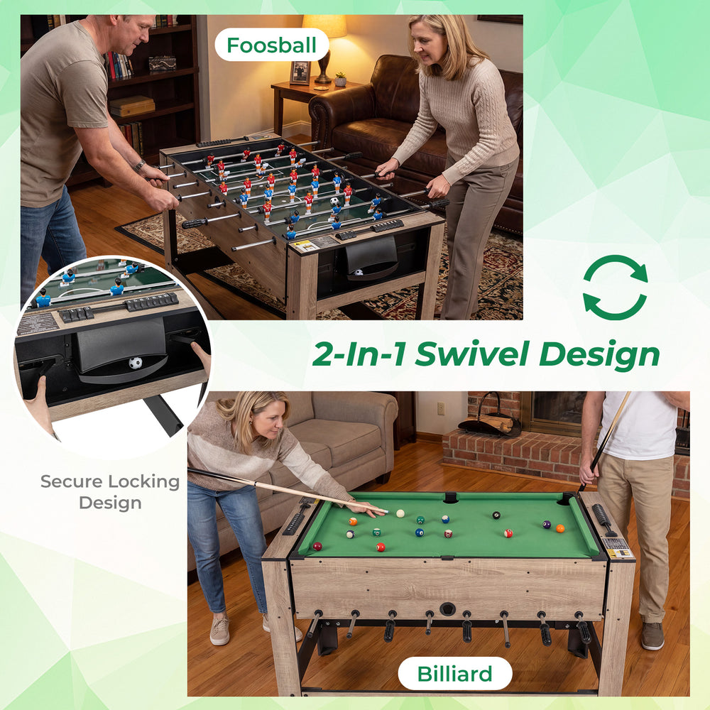 2-in-1 swivel game table showing foosball and billiard features, designed for 2-4 players with sturdy construction.