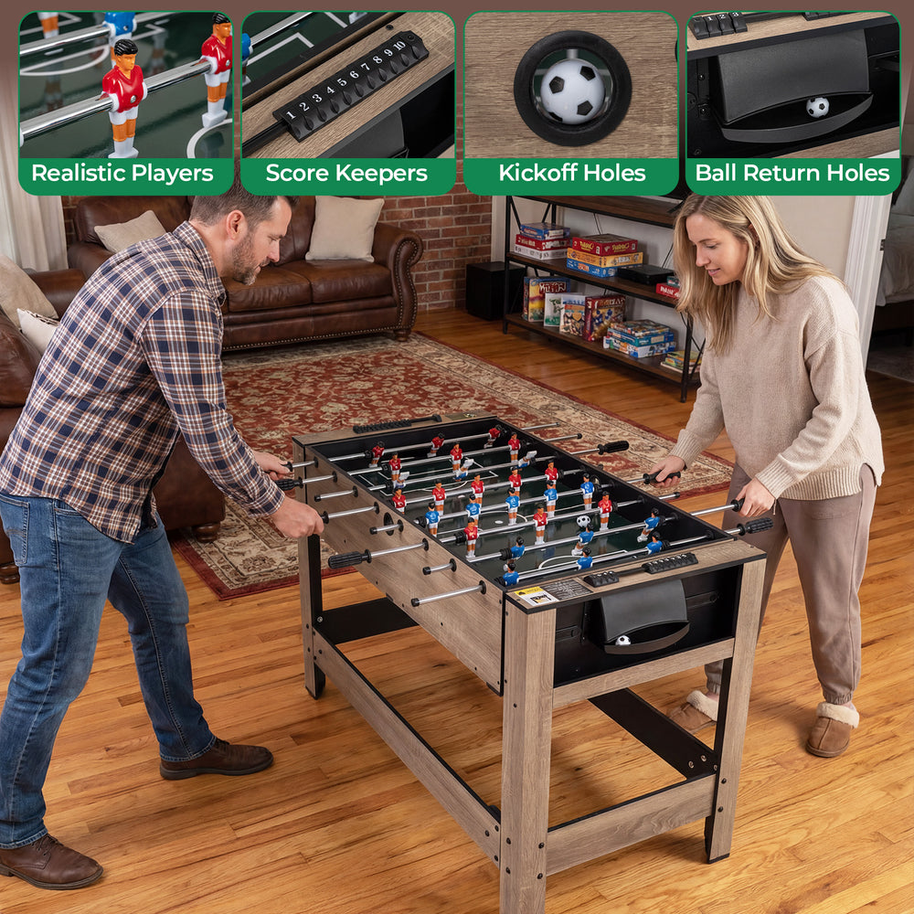 Swivel game table featuring realistic players and scorekeepers, designed for 2-4 players, perfect for indoor fun.