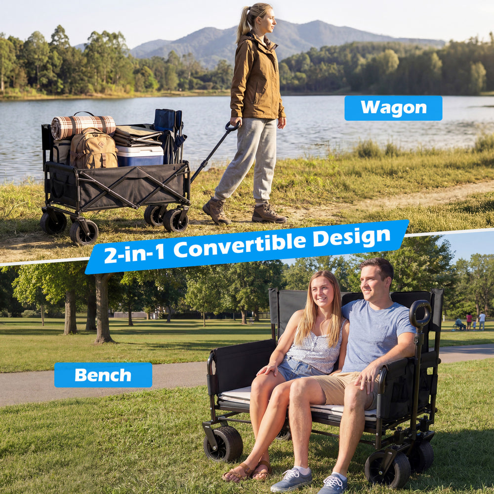 Collapsible 2-in-1 wagon bench seat combo in black with cushions, perfect for outdoor use and easy transportation.