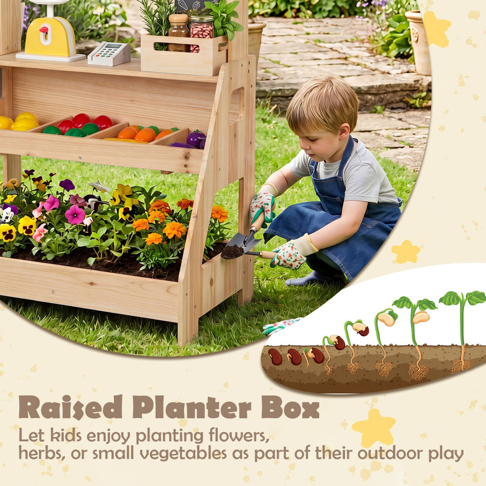 Wooden mud kitchen and market stand with planter box, featuring storage, chalkboards, and 25 simulation accessories for kids.