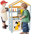 Double-sided 2 in 1 wooden mud kitchen with BBQ grill, removable water box, and storage bag for imaginative play.