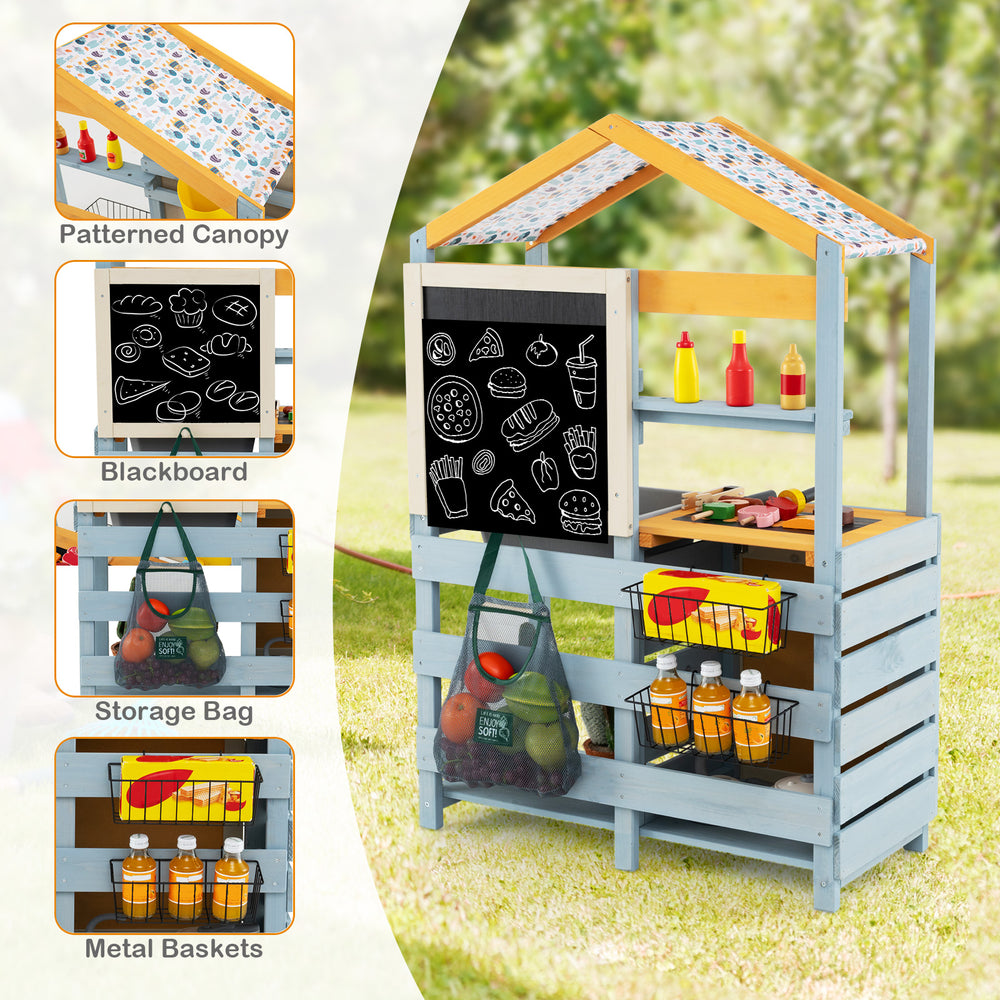 Wooden mud kitchen with removable water box, storage bag, and blackboard, perfect for outdoor play and creativity.