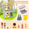 Wooden mud kitchen with removable water box, BBQ grill accessories, and storage bag for immersive outdoor play.