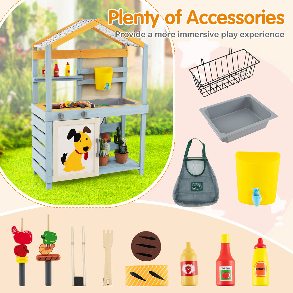 Wooden mud kitchen with removable water box, BBQ grill accessories, and storage bag for immersive outdoor play.