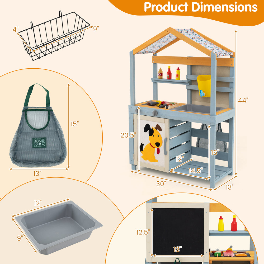 Double-sided 2 in 1 wooden mud kitchen with removable water box and storage bag, featuring BBQ grill and accessories.