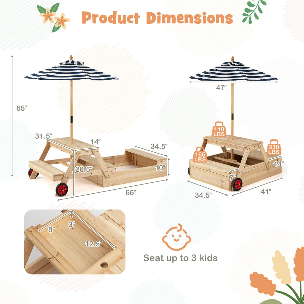 2-in-1 wooden sandbox with foldable umbrella and convertible picnic table, designed for outdoor play and seating for 3.