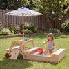 Wooden sandbox with foldable umbrella and picnic table, designed for kids' outdoor play and shade in the backyard.