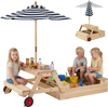Wooden 2-in-1 sandbox with foldable umbrella, picnic table, and benches for outdoor play and shade for kids aged 3-5.