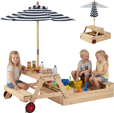 Costway 2-in-1 Wooden Sandbox Convertible Picnic Table w/ Foldable Umbrella 90365396 New