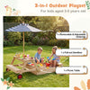 Wooden sandbox with foldable umbrella and picnic table for kids, featuring removable tabletop and fir wood construction.