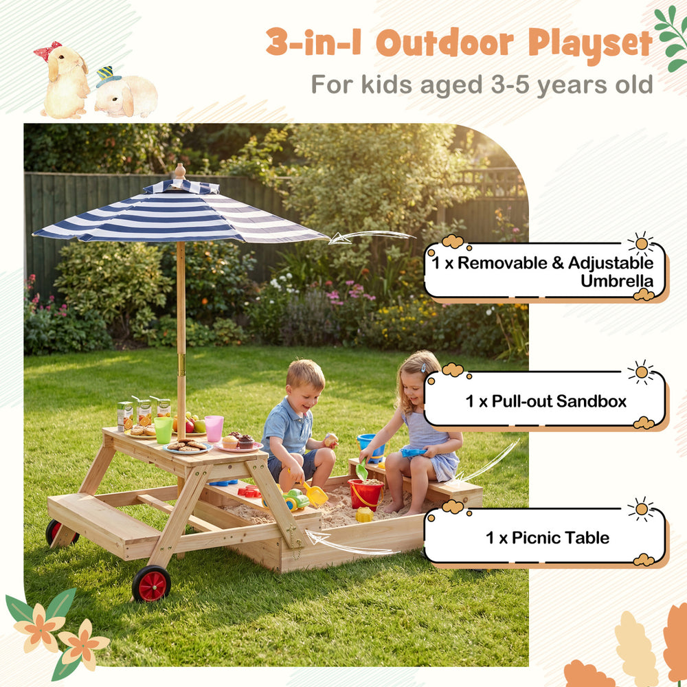 Wooden sandbox with foldable umbrella and picnic table for kids, featuring removable tabletop and fir wood construction.