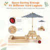 2-in-1 wooden sandbox with foldable umbrella and picnic table, featuring smooth wheels for easy storage and mobility.