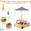 2-in-1 wooden sandbox with foldable blue umbrella, adjustable height, and benches for kids' outdoor play and snacks.