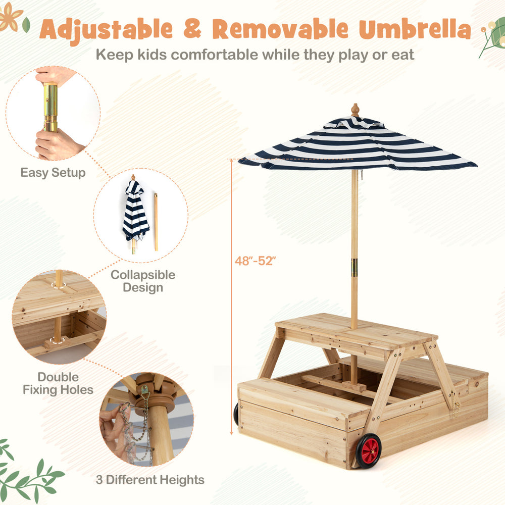 2-in-1 wooden sandbox with foldable blue umbrella, adjustable height, and benches for kids' outdoor play and snacks.