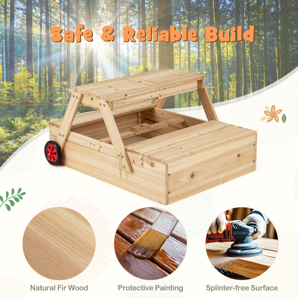 2-in-1 wooden sandbox with foldable umbrella, fir wood build, and smooth finish for safe outdoor play and picnics.