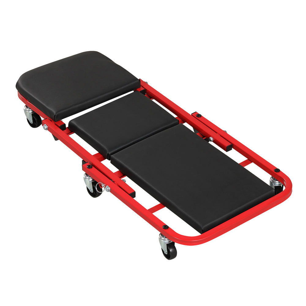 Z-shaped rolling garage stool in red with cushioned seat, heavy-duty frame, and 6 smooth-rolling wheels for easy.
