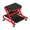 Rolling garage stool in red with a cushioned seat, featuring a simple pin mechanism for easy transformation into.