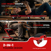 Low-profile creeper and Z-shaped stool in red, featuring a heavy-duty frame and cushioned seat for automotive tasks.